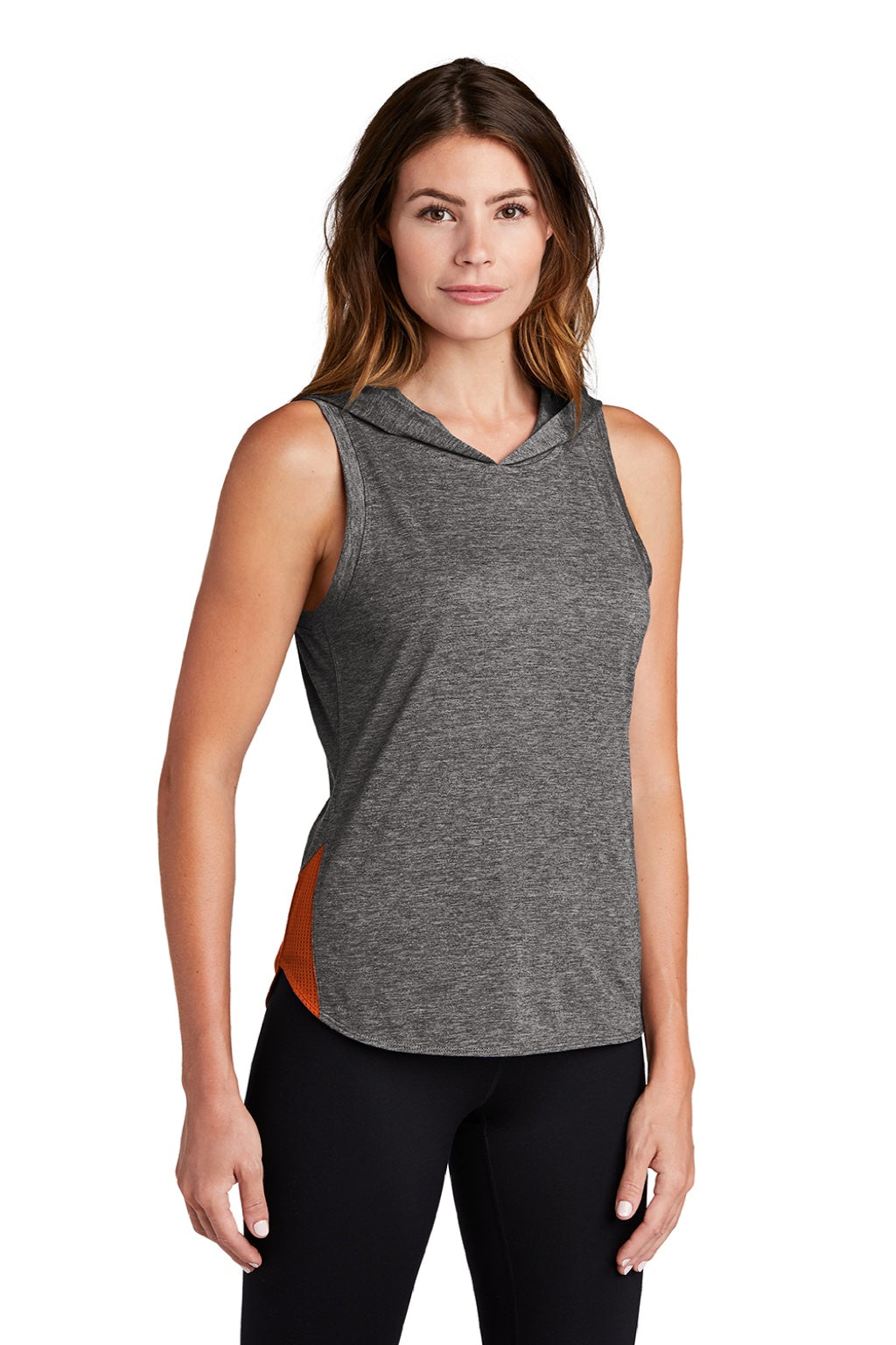 Sport-Tek LST410 Womens Draft Moisture Wicking Hooded Tank Top Hoodie Heather Dark Grey/Heather Deep Orange Model 3q