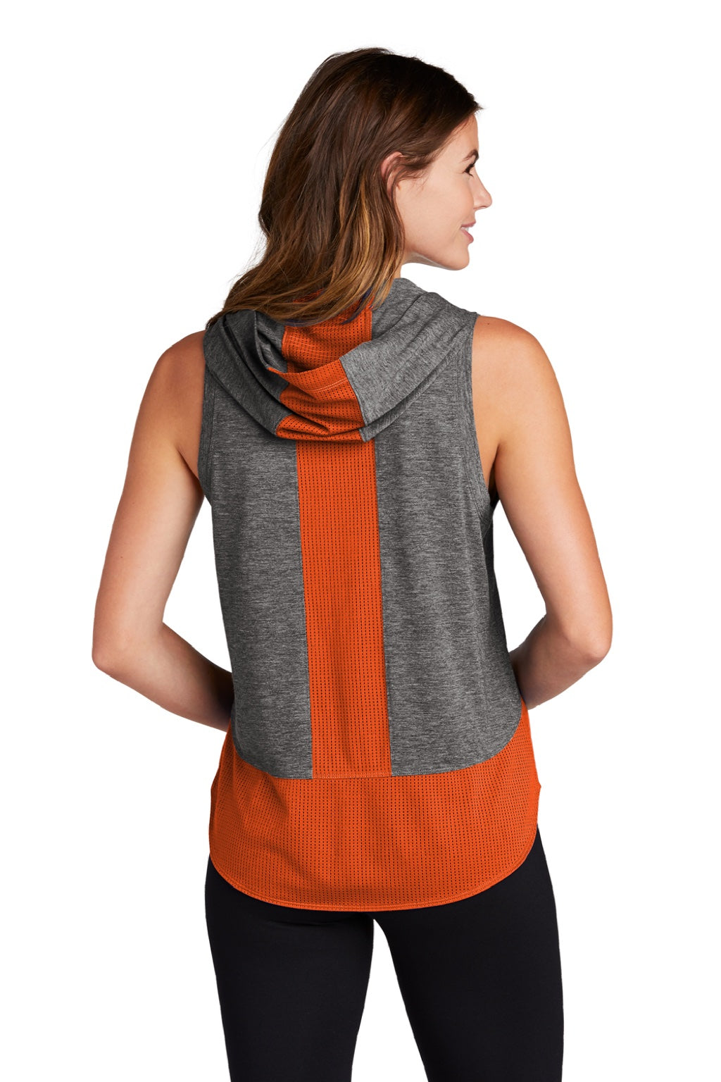 Sport-Tek LST410 Womens Draft Moisture Wicking Hooded Tank Top Hoodie Heather Dark Grey/Heather Deep Orange Model Back