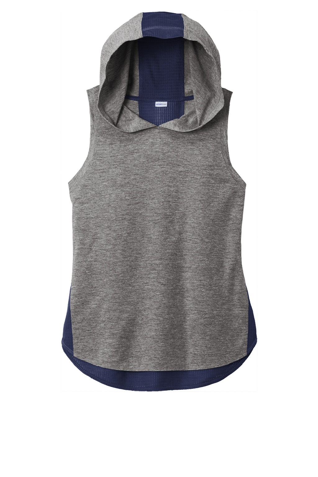 Sport-Tek LST410 Womens Draft Moisture Wicking Hooded Tank Top Hoodie Heather Dark Grey/True Navy Blue Flat Front