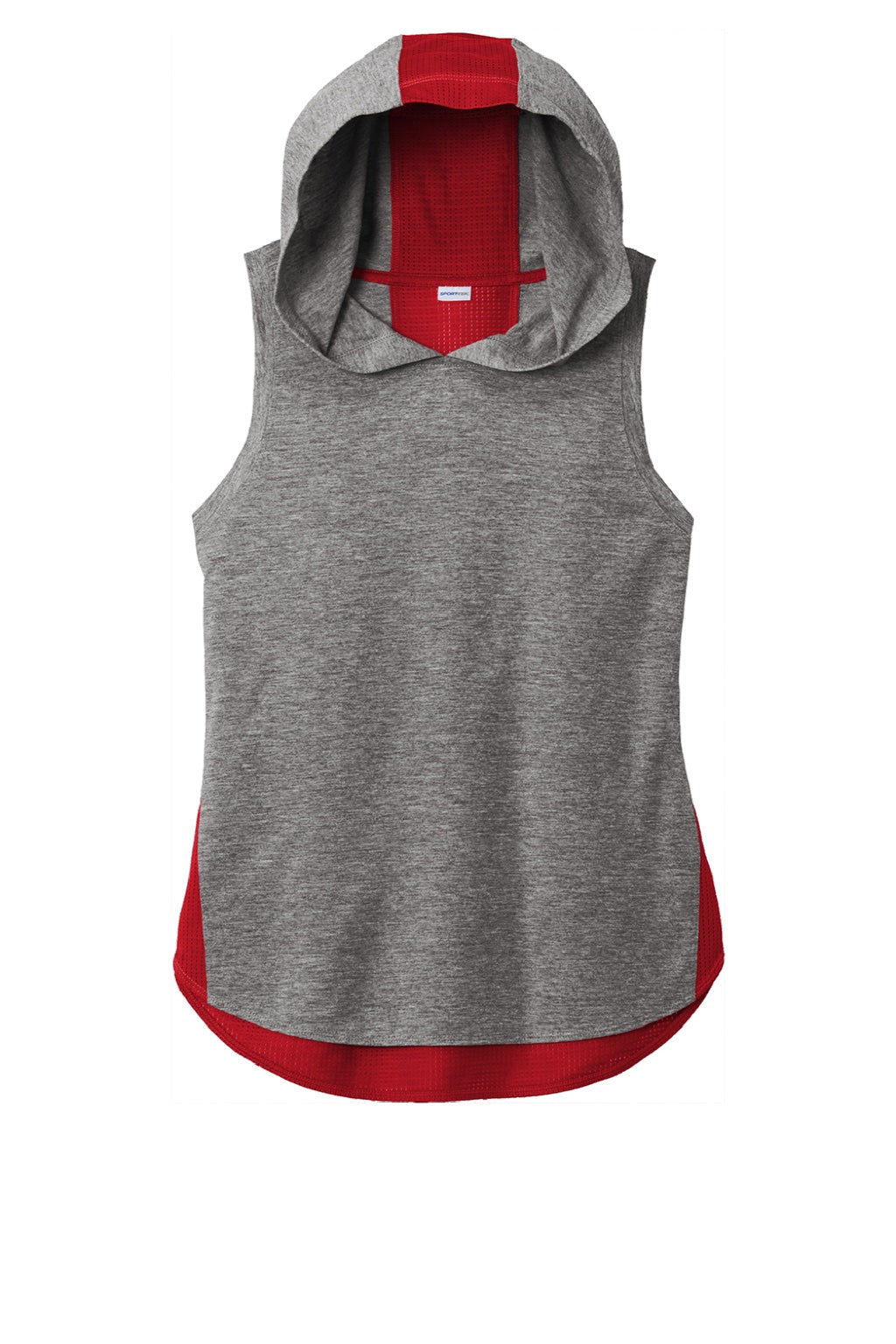 Sport-Tek LST410 Womens Draft Moisture Wicking Hooded Tank Top Hoodie Heather Dark Grey/True Red Flat Front