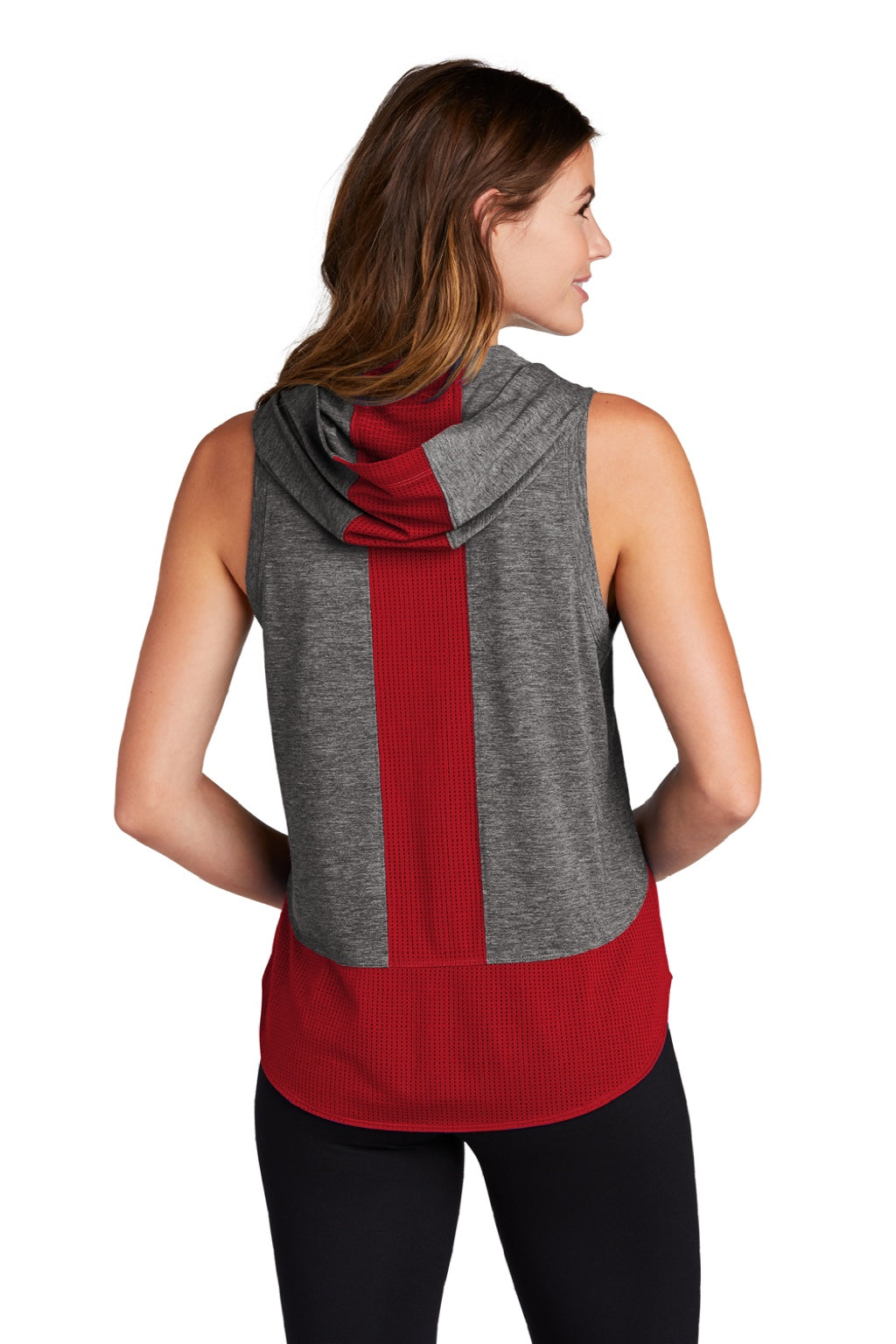 Sport-Tek LST410 Womens Draft Moisture Wicking Hooded Tank Top Hoodie Heather Dark Grey/True Red Model Back