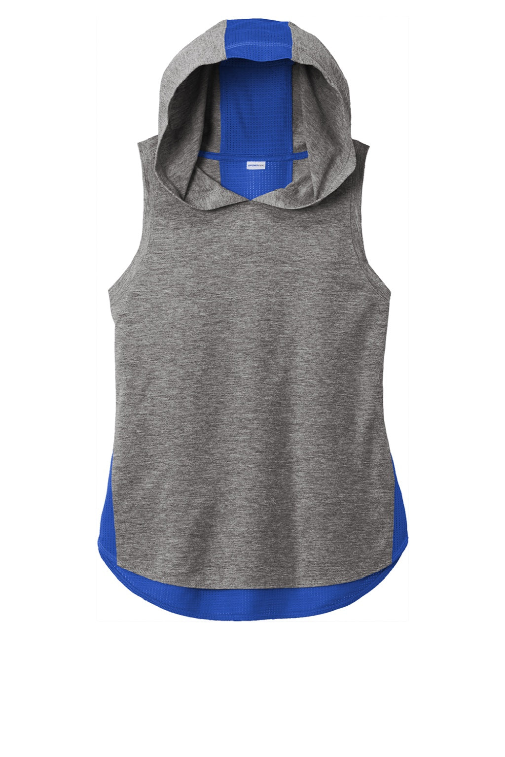 Sport-Tek LST410 Womens Draft Moisture Wicking Hooded Tank Top Hoodie Heather Dark Grey/True Royal Blue Flat Front