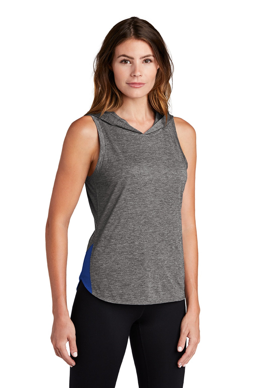 Sport-Tek LST410 Womens Draft Moisture Wicking Hooded Tank Top Hoodie Heather Dark Grey/True Royal Blue Model 3q