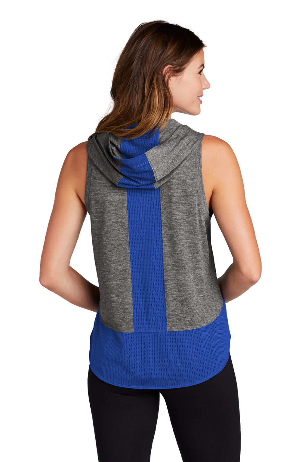 Sport-Tek LST410 Womens Draft Moisture Wicking Hooded Tank Top Hoodie Heather Dark Grey/True Royal Blue Model Back