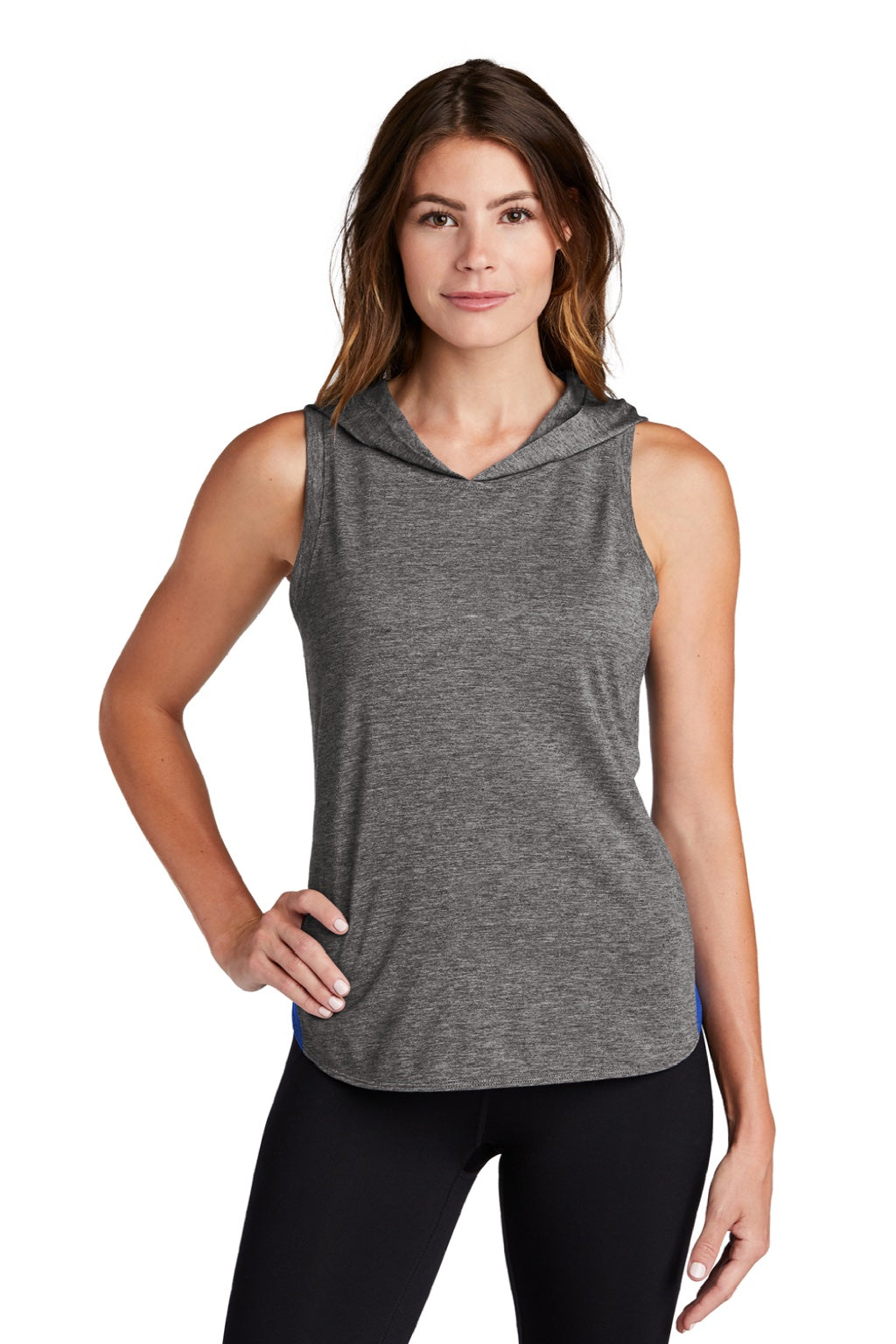 Sport-Tek LST410 Womens Draft Moisture Wicking Hooded Tank Top Hoodie Heather Dark Grey/True Royal Blue Model Front