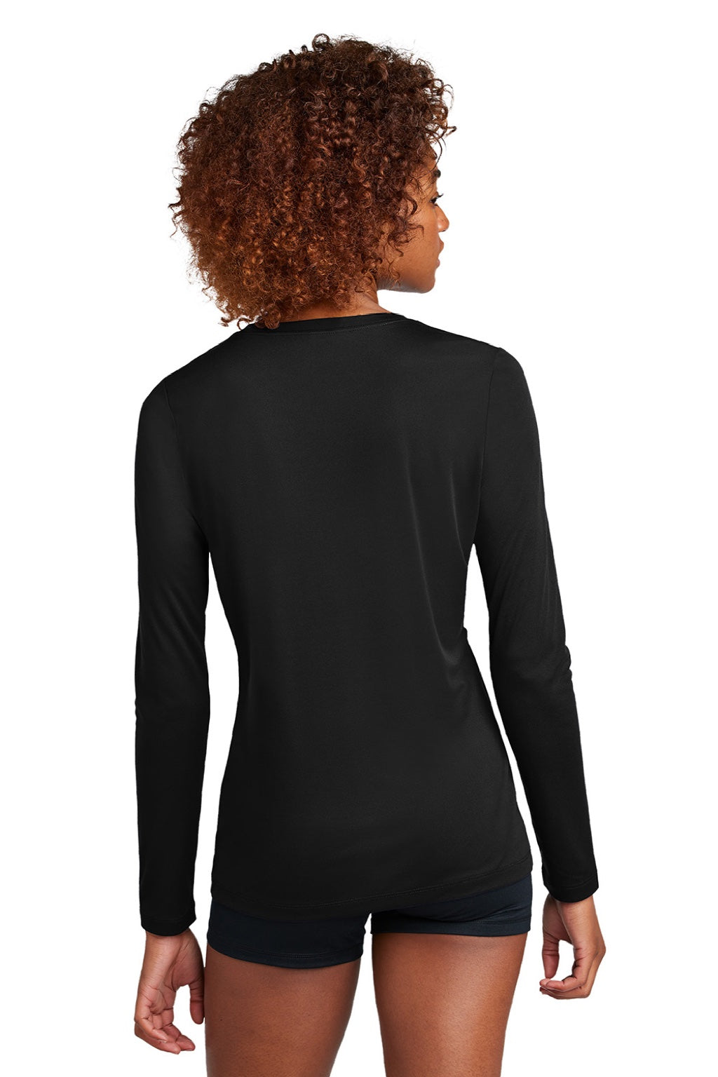 Sport-Tek LST420LS Womens Posi-UV Pro Moisture Wicking Long Sleeve Crewneck T-Shirt Black Model Back