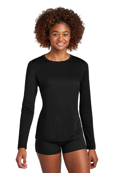 Sport-Tek LST420LS Womens Posi-UV Pro Moisture Wicking Long Sleeve Crewneck T-Shirt Black Model Front