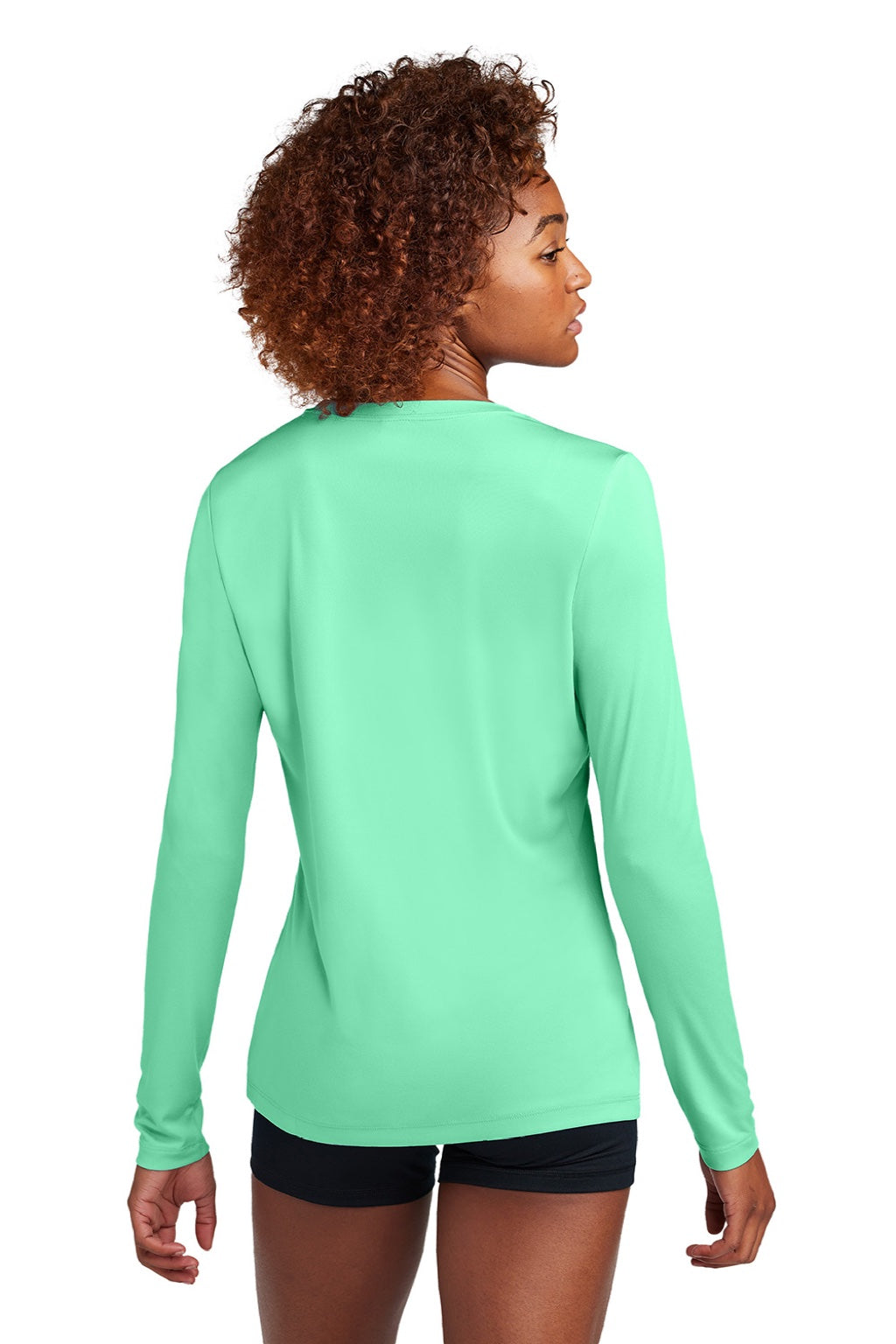Sport-Tek LST420LS Womens Posi-UV Pro Moisture Wicking Long Sleeve Crewneck T-Shirt Bright Seafoam Green Model Back