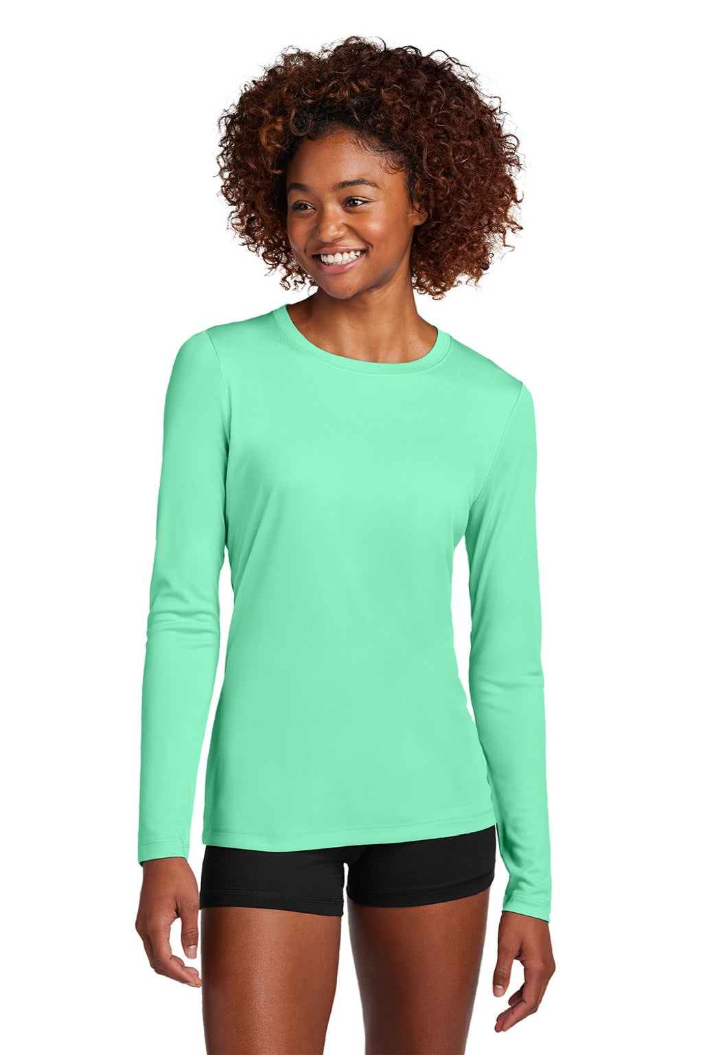 Sport-Tek LST420LS Womens Posi-UV Pro Moisture Wicking Long Sleeve Crewneck T-Shirt Bright Seafoam Green Model Front
