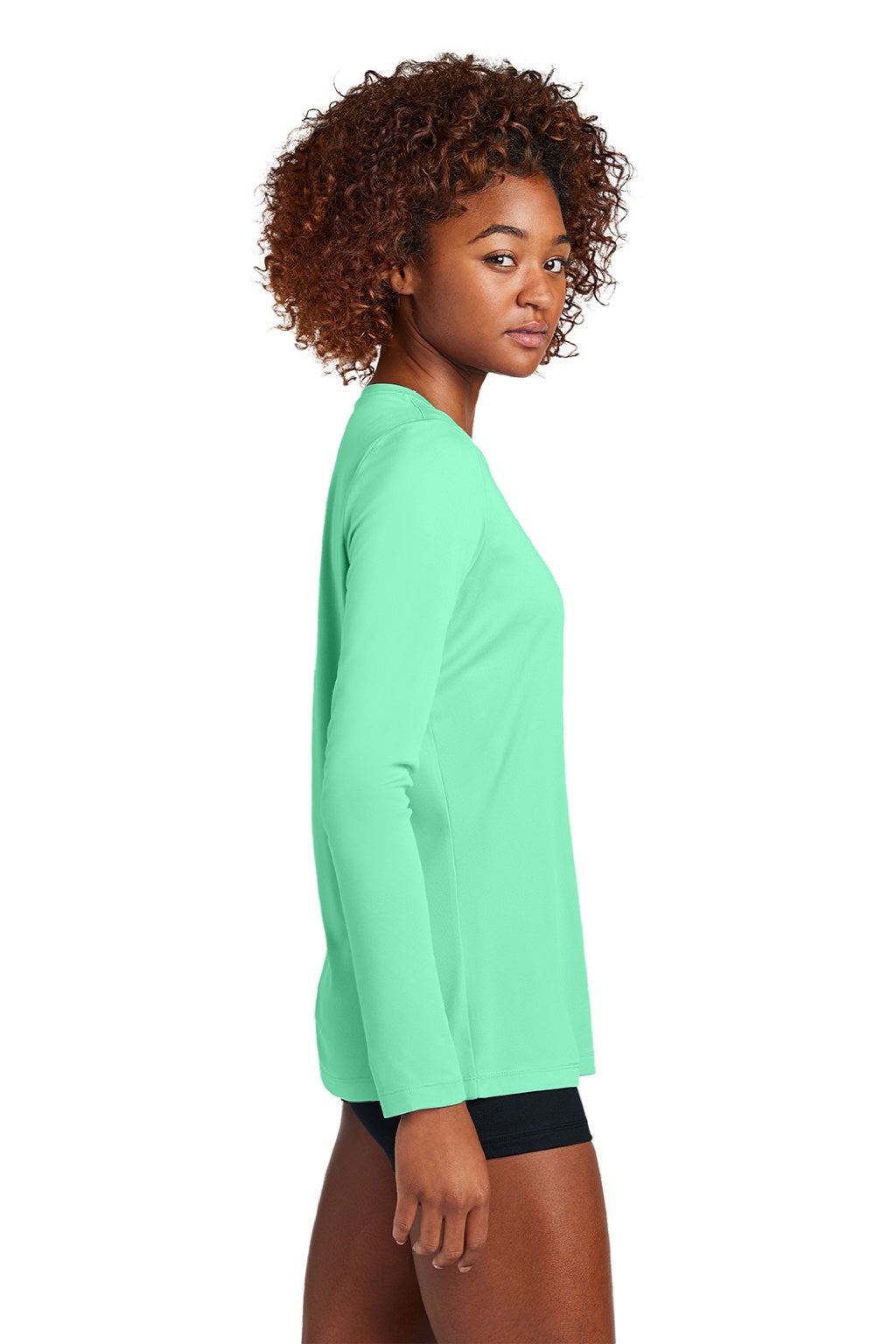 Sport-Tek LST420LS Womens Posi-UV Pro Moisture Wicking Long Sleeve Crewneck T-Shirt Bright Seafoam Green Model Side