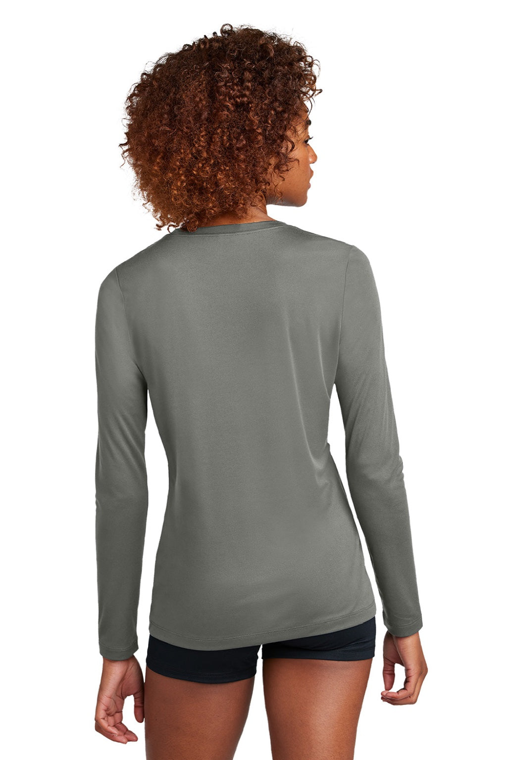 Sport-Tek LST420LS Womens Posi-UV Pro Moisture Wicking Long Sleeve Crewneck T-Shirt Dark Smoke Grey Model Back
