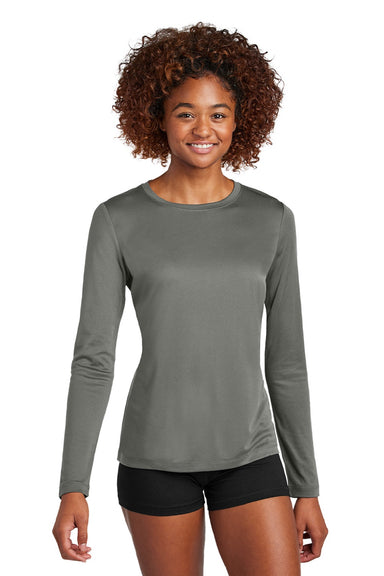 Sport-Tek LST420LS Womens Posi-UV Pro Moisture Wicking Long Sleeve Crewneck T-Shirt Dark Smoke Grey Model Front