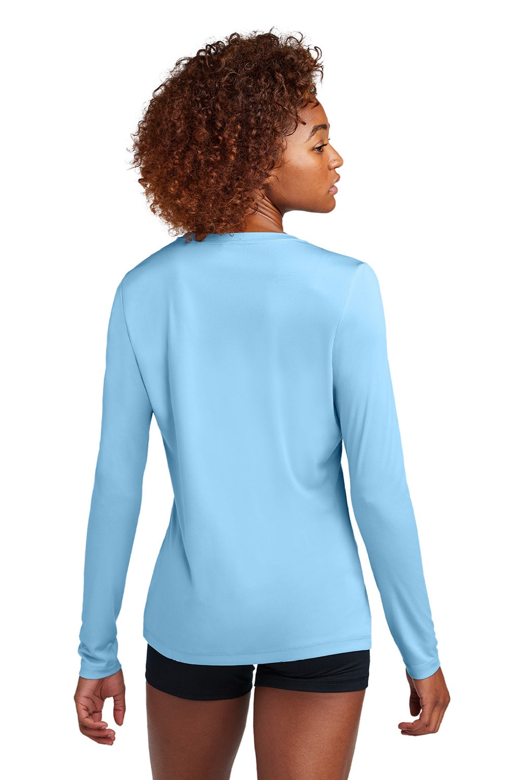 Sport-Tek LST420LS Womens Posi-UV Pro Moisture Wicking Long Sleeve Crewneck T-Shirt Light Blue Model Back