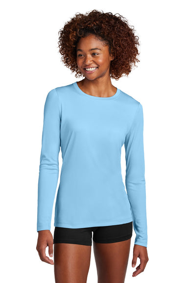Sport-Tek LST420LS Womens Posi-UV Pro Moisture Wicking Long Sleeve Crewneck T-Shirt Light Blue Model Front