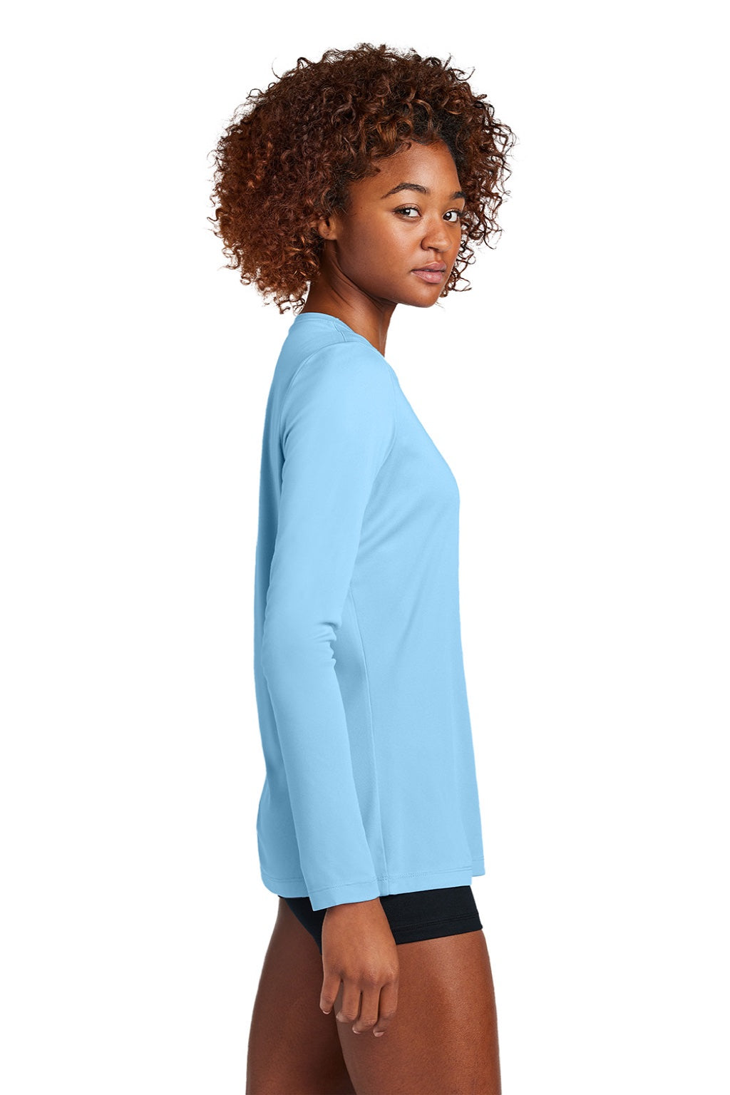 Sport-Tek LST420LS Womens Posi-UV Pro Moisture Wicking Long Sleeve Crewneck T-Shirt Light Blue Model Side