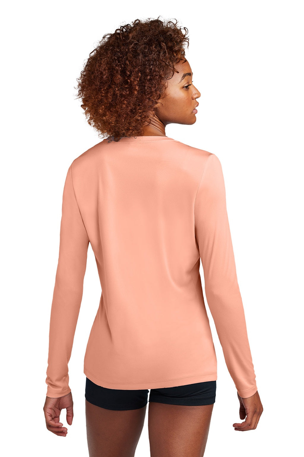 Sport-Tek LST420LS Womens Posi-UV Pro Moisture Wicking Long Sleeve Crewneck T-Shirt Soft Coral Model Back