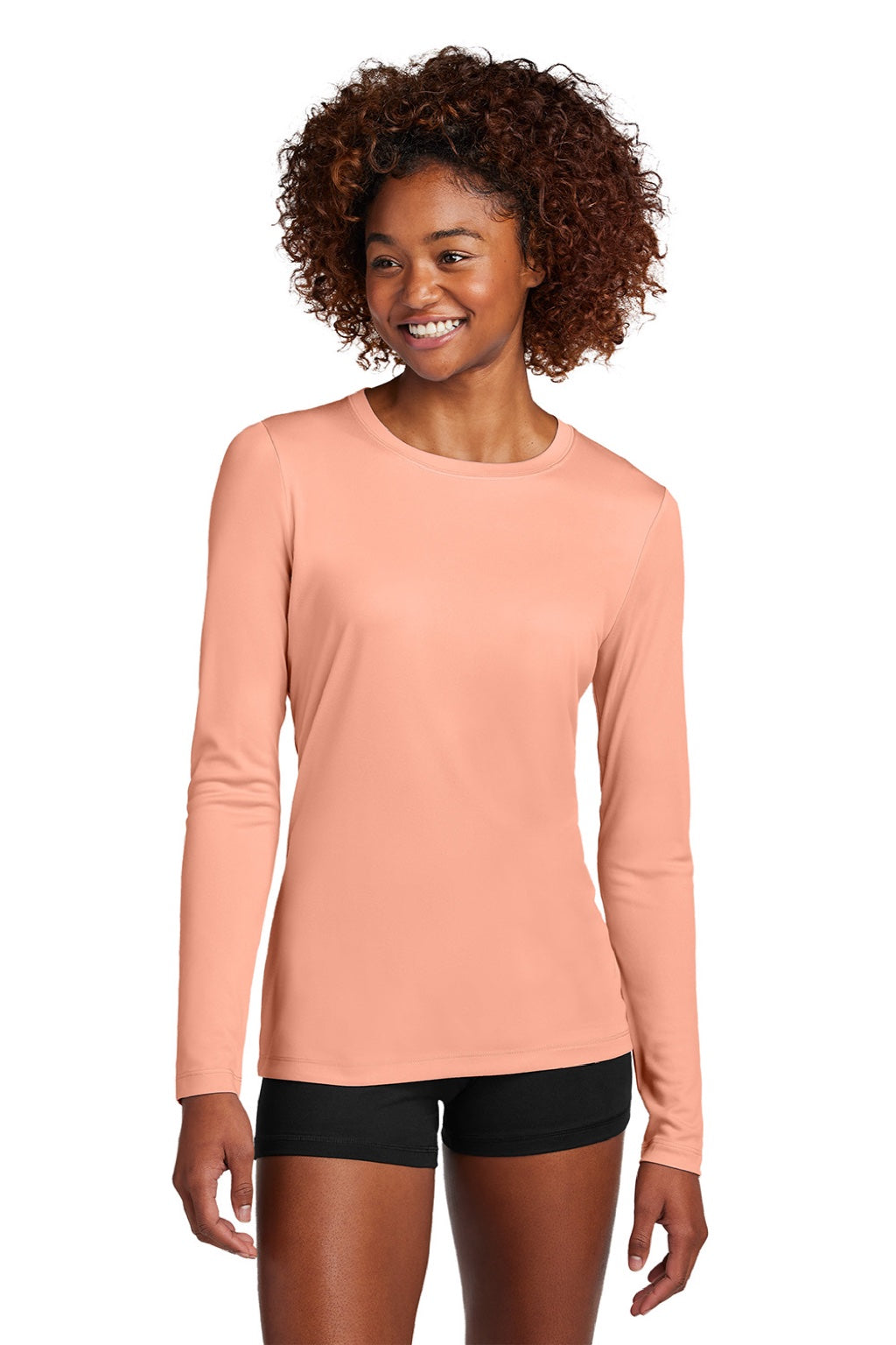 Sport-Tek LST420LS Womens Posi-UV Pro Moisture Wicking Long Sleeve Crewneck T-Shirt Soft Coral Model Front