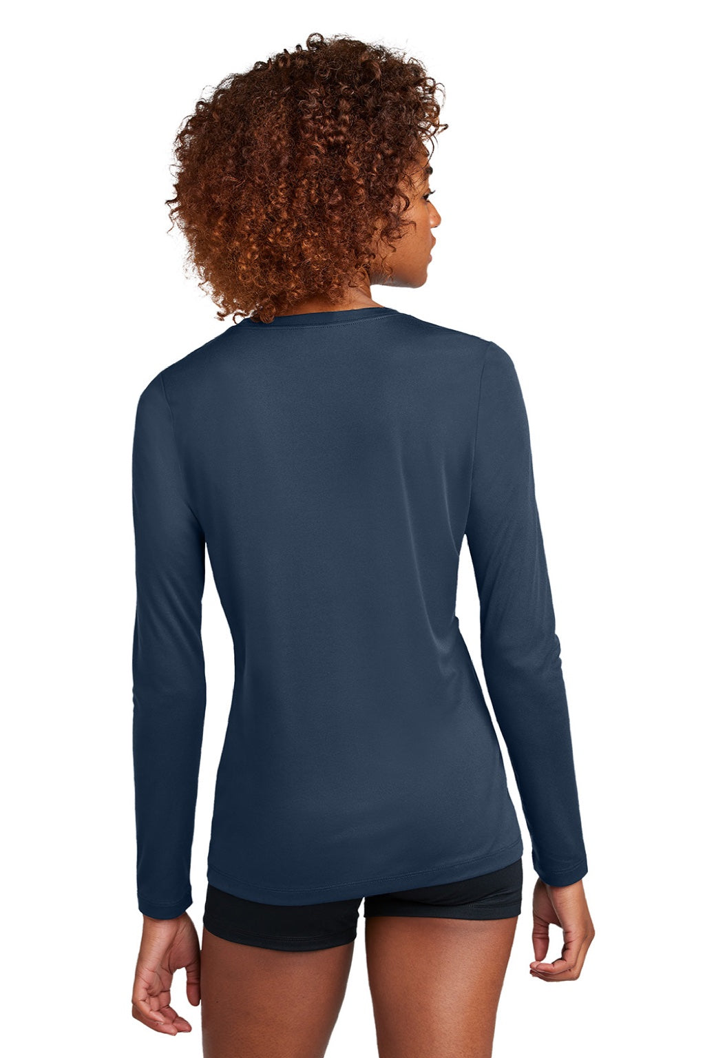 Sport-Tek LST420LS Womens Posi-UV Pro Moisture Wicking Long Sleeve Crewneck T-Shirt True Navy Blue Model Back