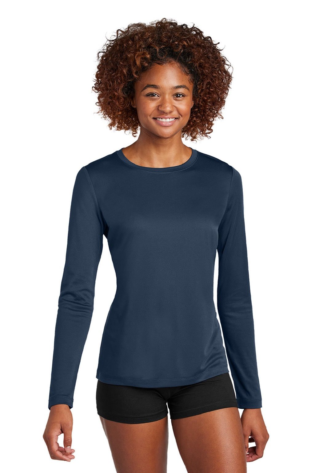 Sport-Tek LST420LS Womens Posi-UV Pro Moisture Wicking Long Sleeve Crewneck T-Shirt True Navy Blue Model Front