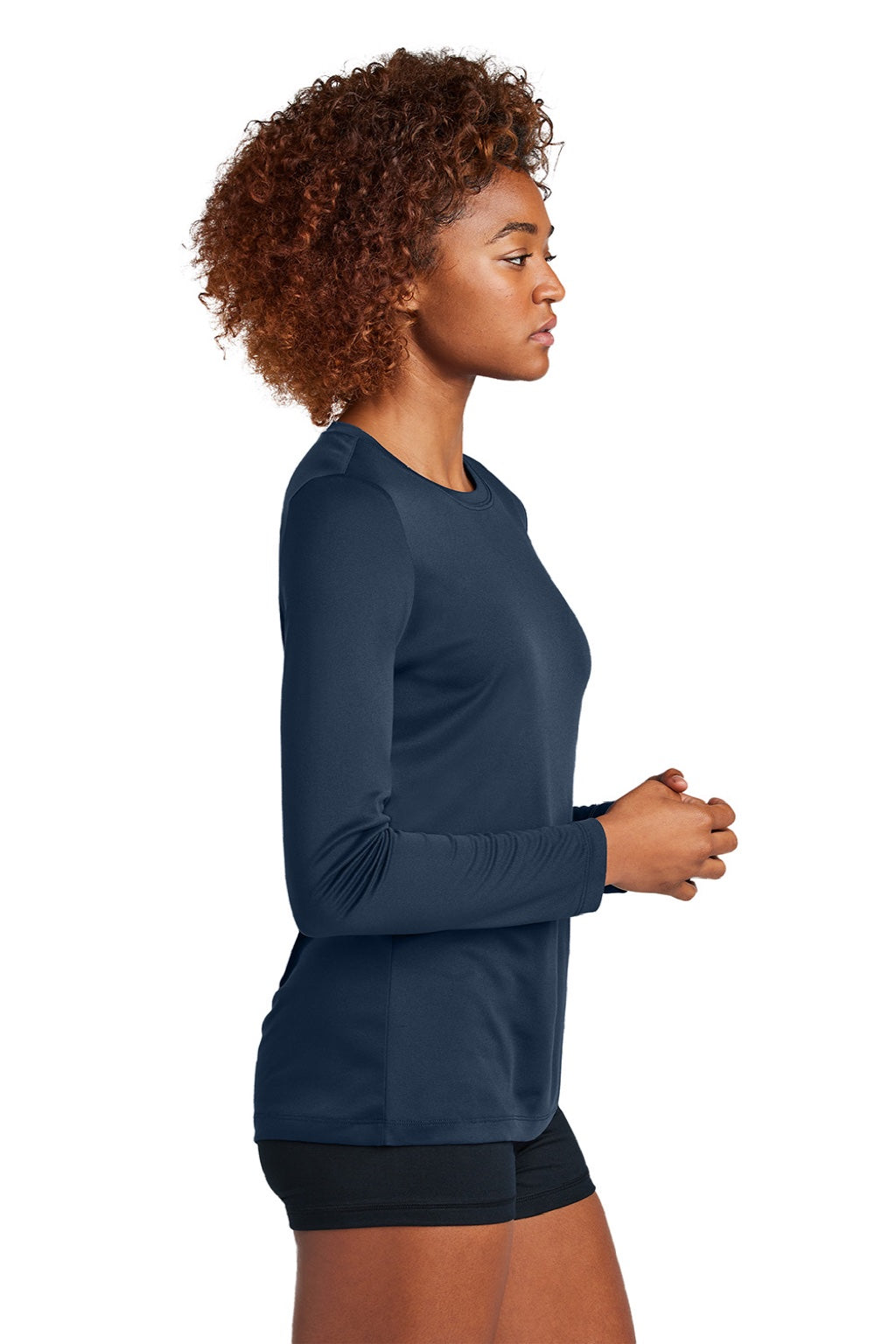 Sport-Tek LST420LS Womens Posi-UV Pro Moisture Wicking Long Sleeve Crewneck T-Shirt True Navy Blue Model Side