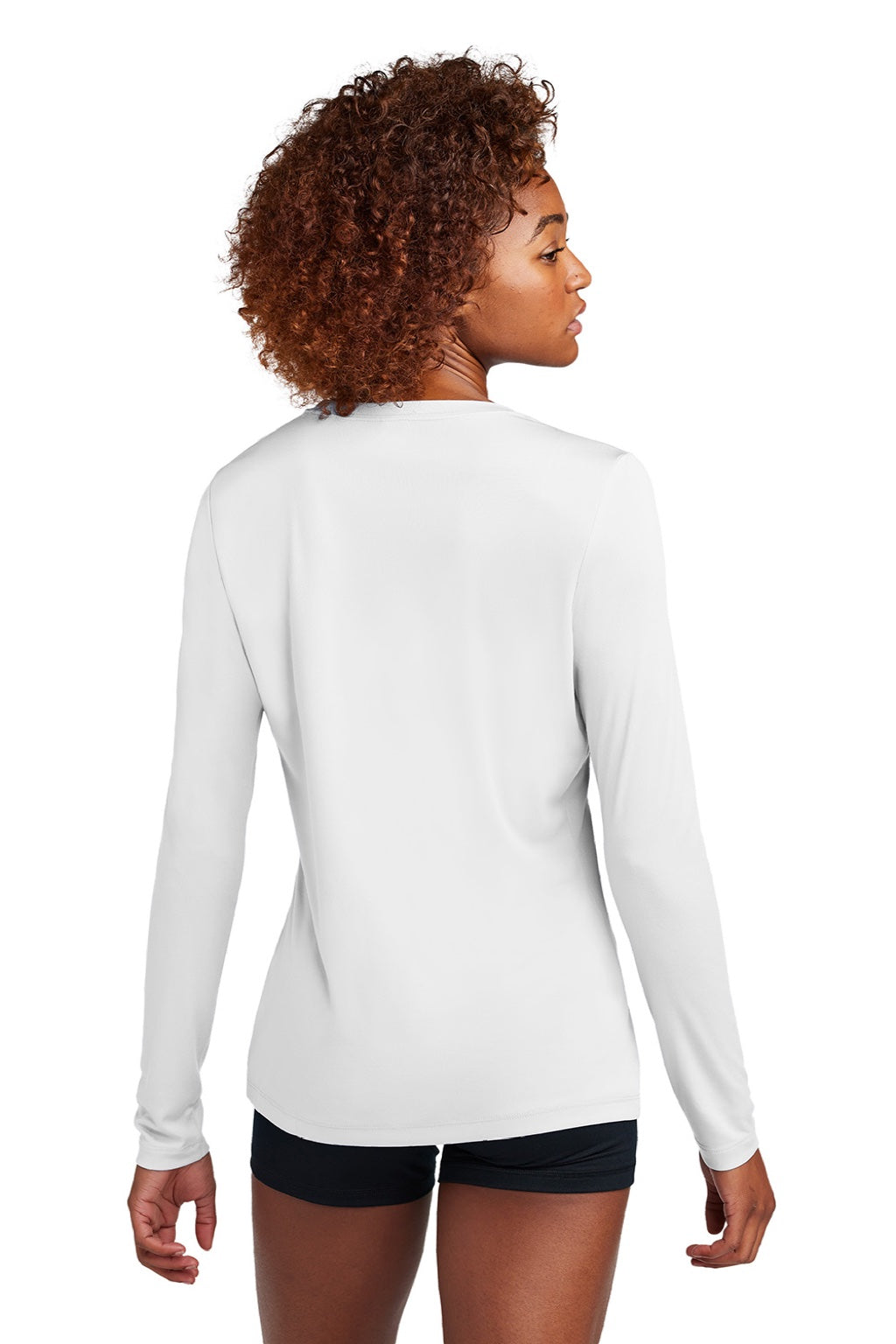 Sport-Tek LST420LS Womens Posi-UV Pro Moisture Wicking Long Sleeve Crewneck T-Shirt White Model Back