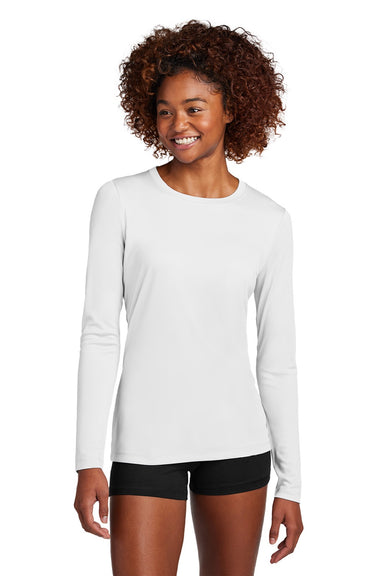 Sport-Tek LST420LS Womens Posi-UV Pro Moisture Wicking Long Sleeve Crewneck T-Shirt White Model Front