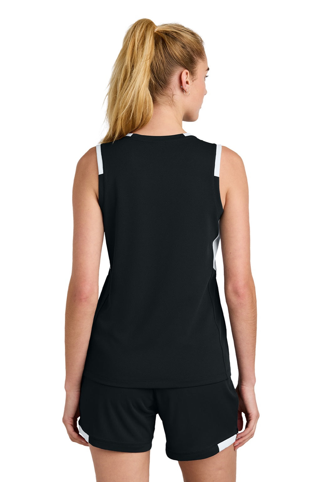 Sport-Tek LST441 Womens Club Moisture Wicking V-Neck Tank Top Black/White Model Back