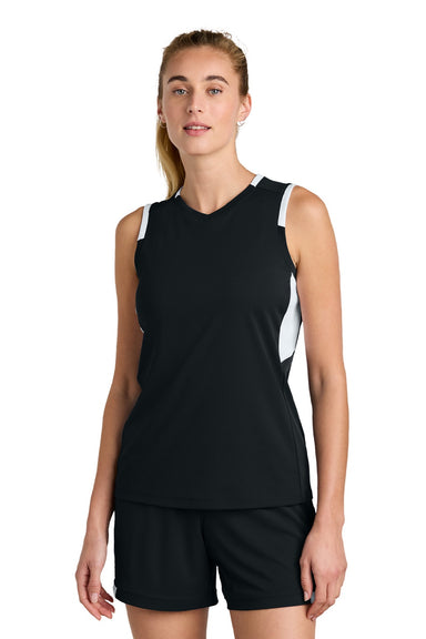 Sport-Tek LST441 Womens Club Moisture Wicking V-Neck Tank Top Black/White Model Front