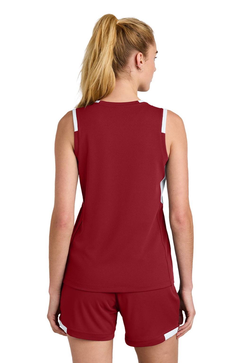 Sport-Tek LST441 Womens Club Moisture Wicking V-Neck Tank Top Deep Red/White Model Back