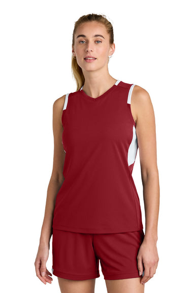 Sport-Tek LST441 Womens Club Moisture Wicking V-Neck Tank Top Deep Red/White Model Front