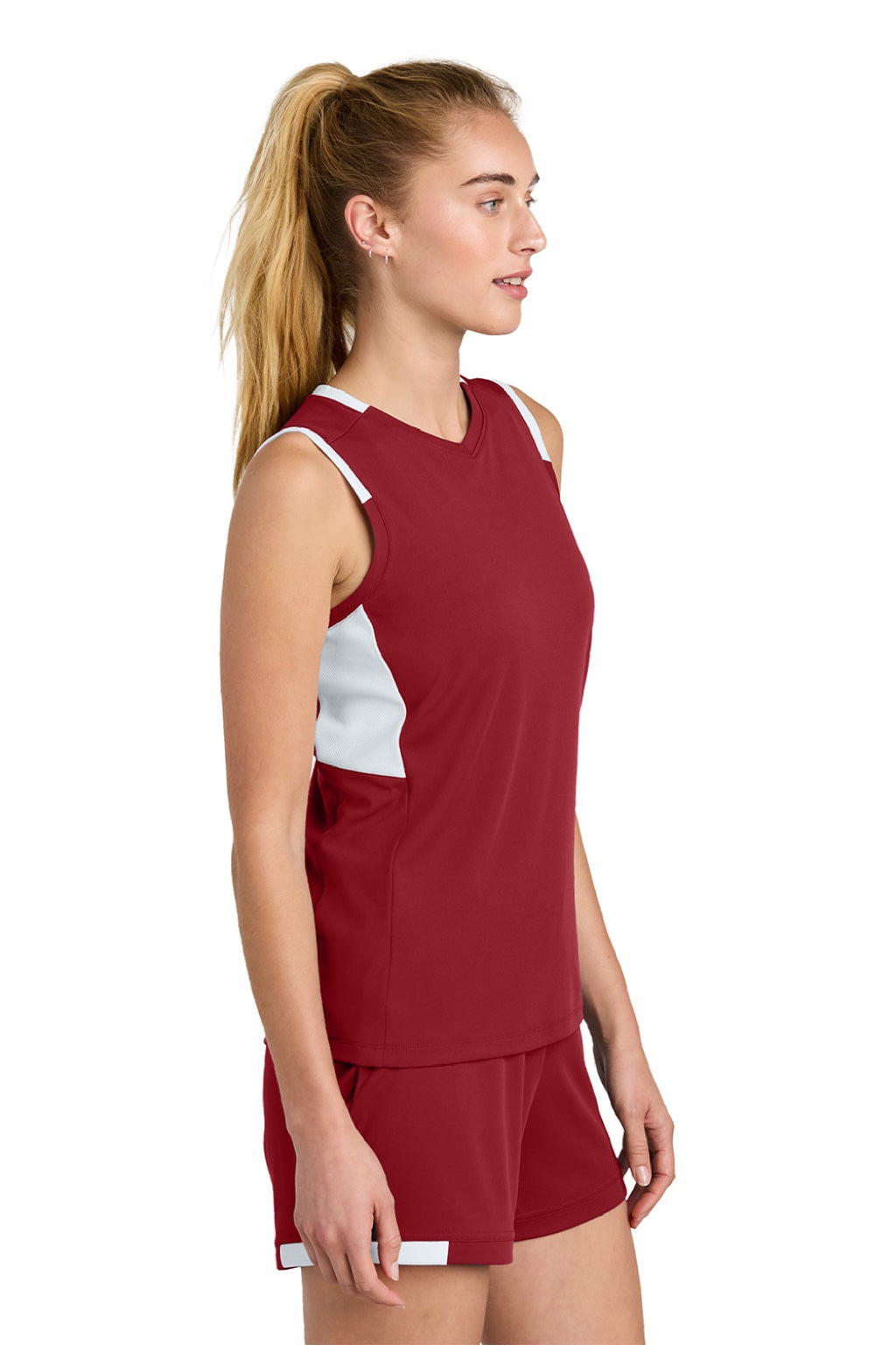 Sport-Tek LST441 Womens Club Moisture Wicking V-Neck Tank Top Deep Red/White Model Side