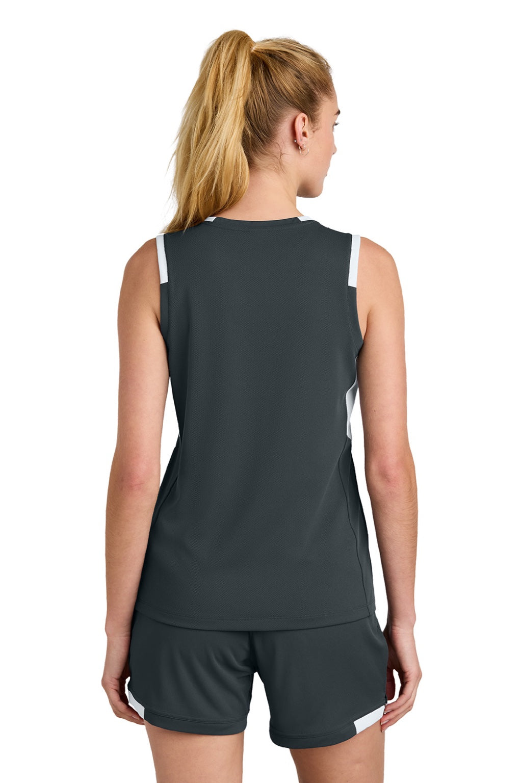 Sport-Tek LST441 Womens Club Moisture Wicking V-Neck Tank Top Iron Grey/White Model Back