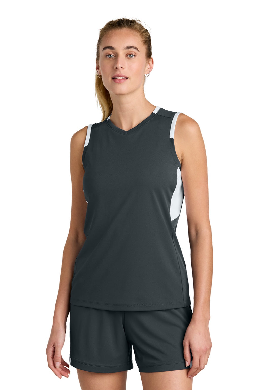 Sport-Tek LST441 Womens Club Moisture Wicking V-Neck Tank Top Iron Grey/White Model Front
