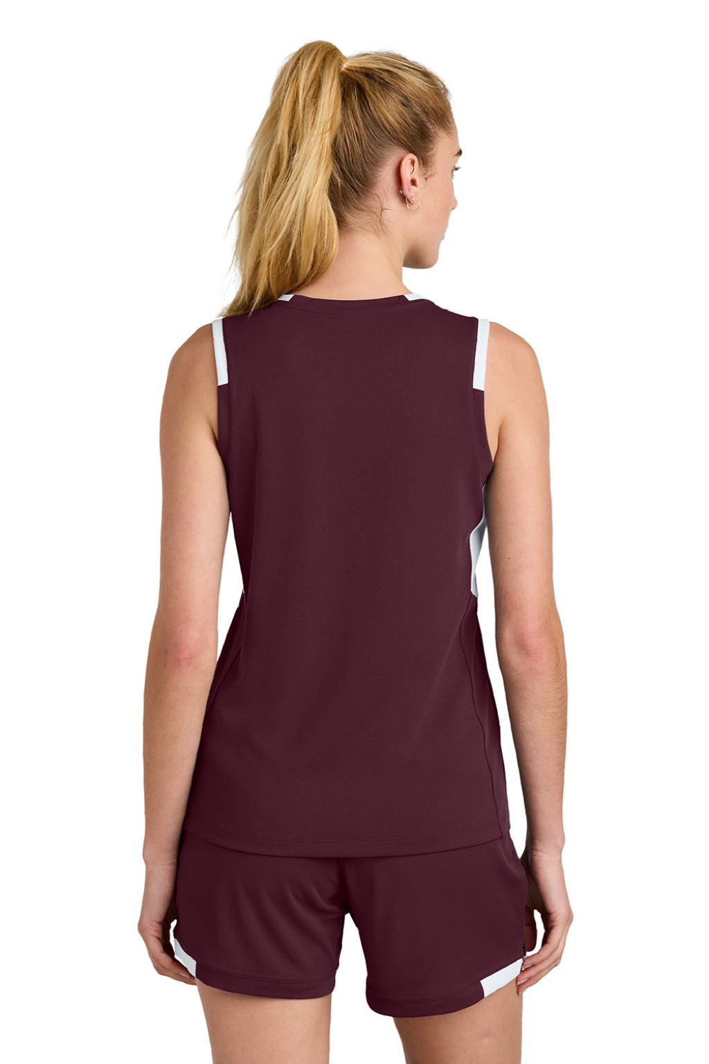 Sport-Tek LST441 Womens Club Moisture Wicking V-Neck Tank Top Maroon/White Model Back