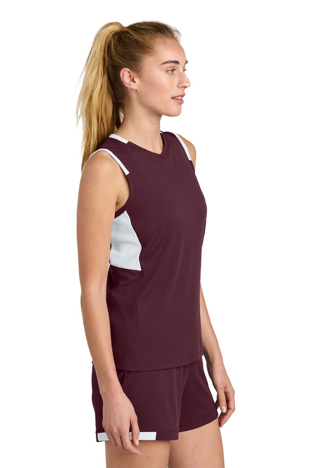 Sport-Tek LST441 Womens Club Moisture Wicking V-Neck Tank Top Maroon/White Model Side