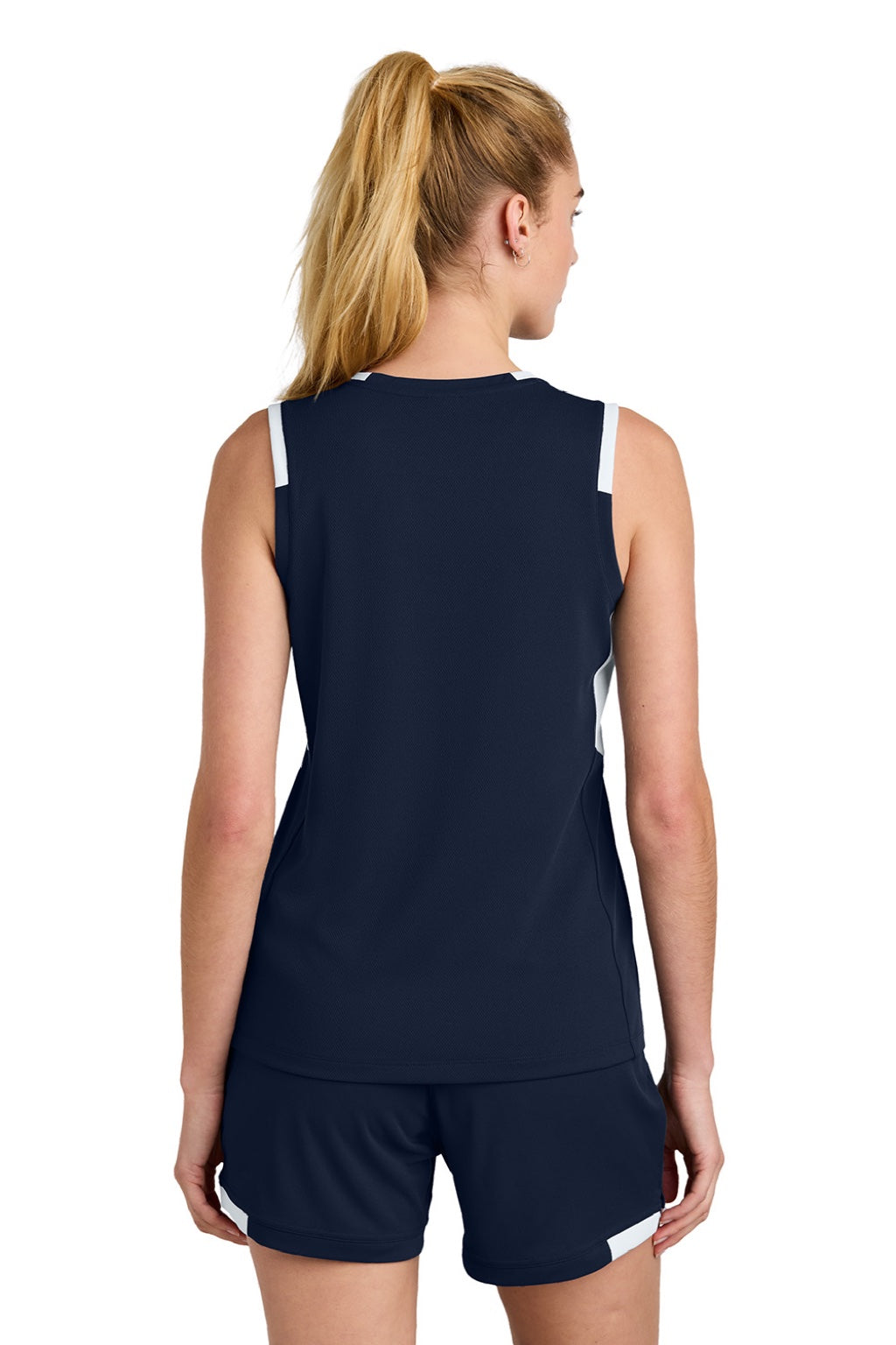 Sport-Tek LST441 Womens Club Moisture Wicking V-Neck Tank Top True Navy Blue/White Model Back