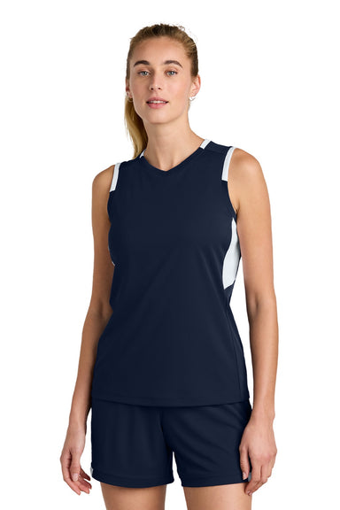 Sport-Tek LST441 Womens Club Moisture Wicking V-Neck Tank Top True Navy Blue/White Model Front