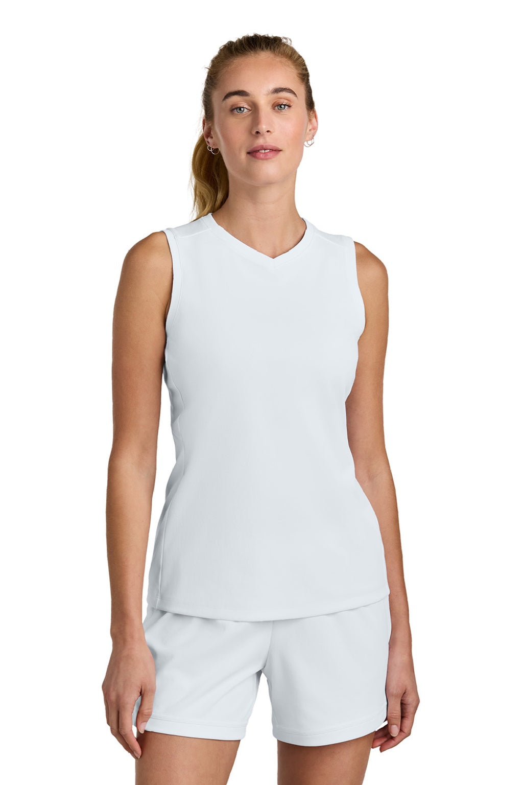 Sport-Tek LST441 Womens Club Moisture Wicking V-Neck Tank Top White/White Model Front