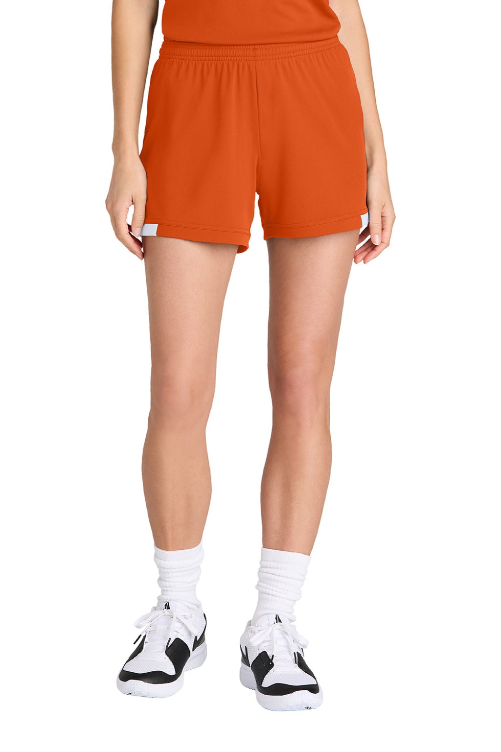 Sport-Tek LST442 Womens Club Moisture Wicking Shorts Deep Orange/White Model Front