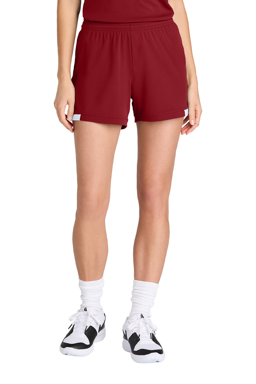 Sport-Tek LST442 Womens Club Moisture Wicking Shorts Deep Red/White Model Front