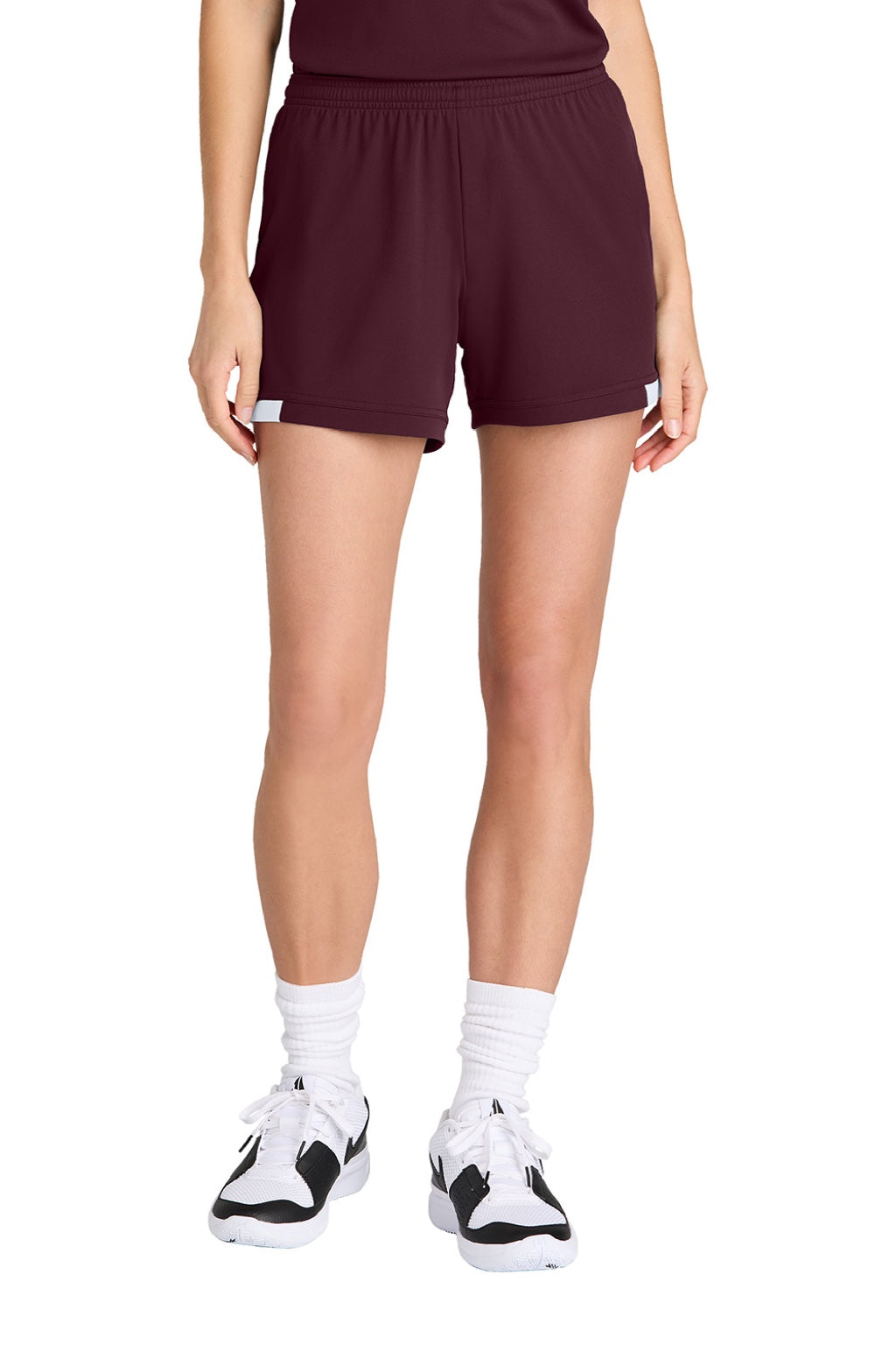 Sport-Tek LST442 Womens Club Moisture Wicking Shorts Maroon/White Model Front