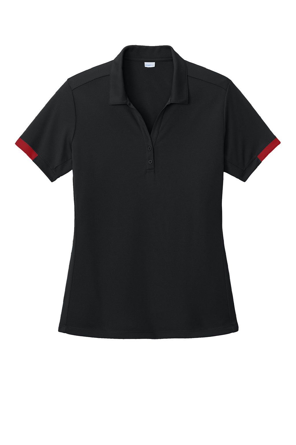 Sport-Tek LST444 Womens Club Colorblock Moisture Wicking Short Sleeve Polo Shirt Black/Deep Red Flat Front