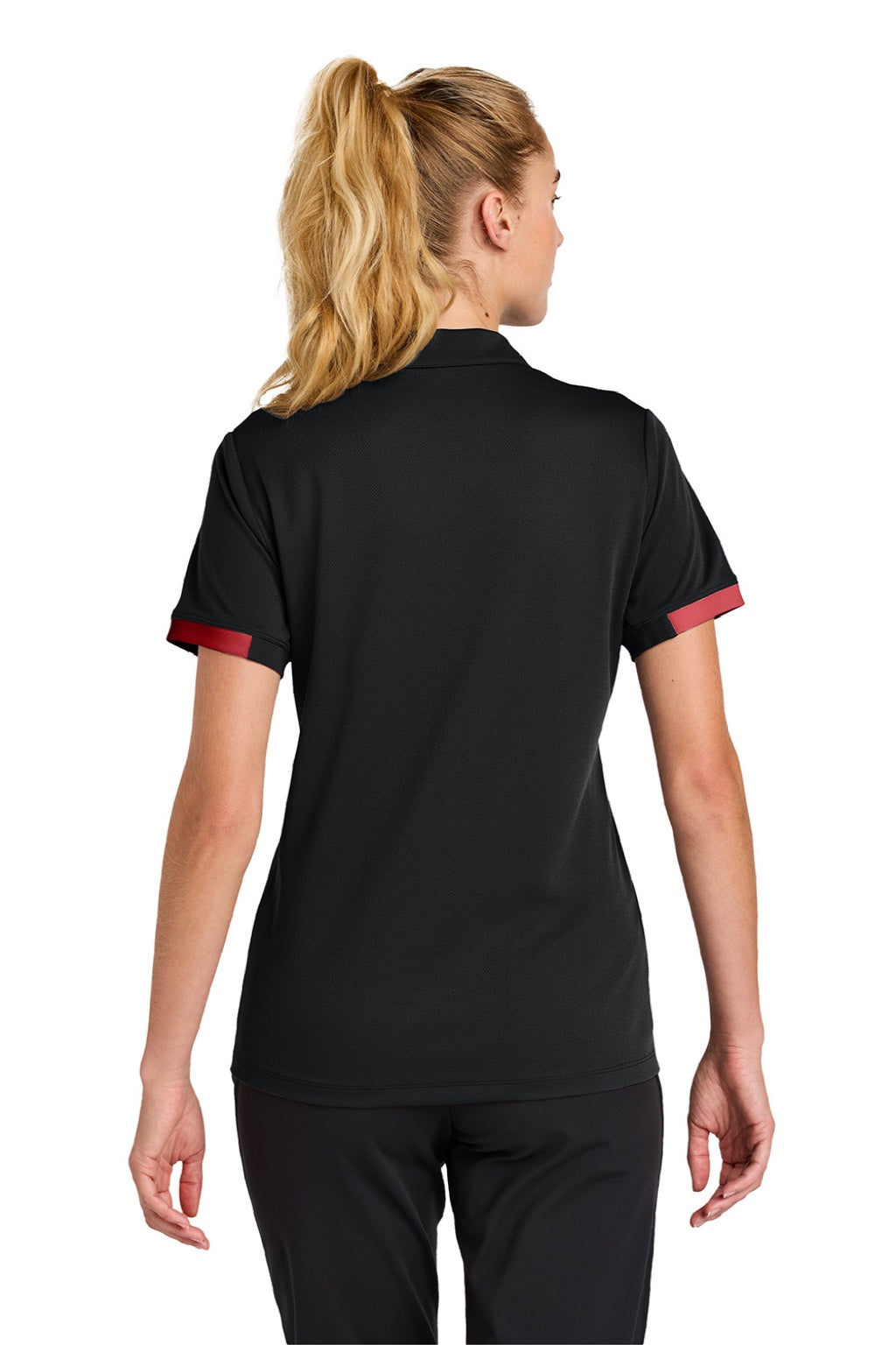 Sport-Tek LST444 Womens Club Colorblock Moisture Wicking Short Sleeve Polo Shirt Black/Deep Red Model Back