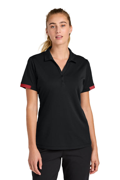Sport-Tek LST444 Womens Club Colorblock Moisture Wicking Short Sleeve Polo Shirt Black/Deep Red Model Front