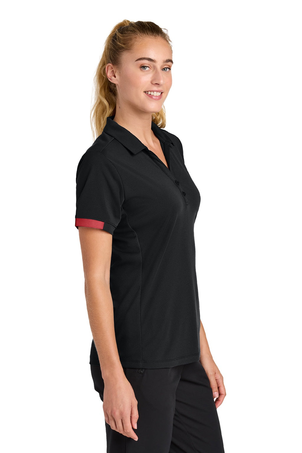 Sport-Tek LST444 Womens Club Colorblock Moisture Wicking Short Sleeve Polo Shirt Black/Deep Red Model Side