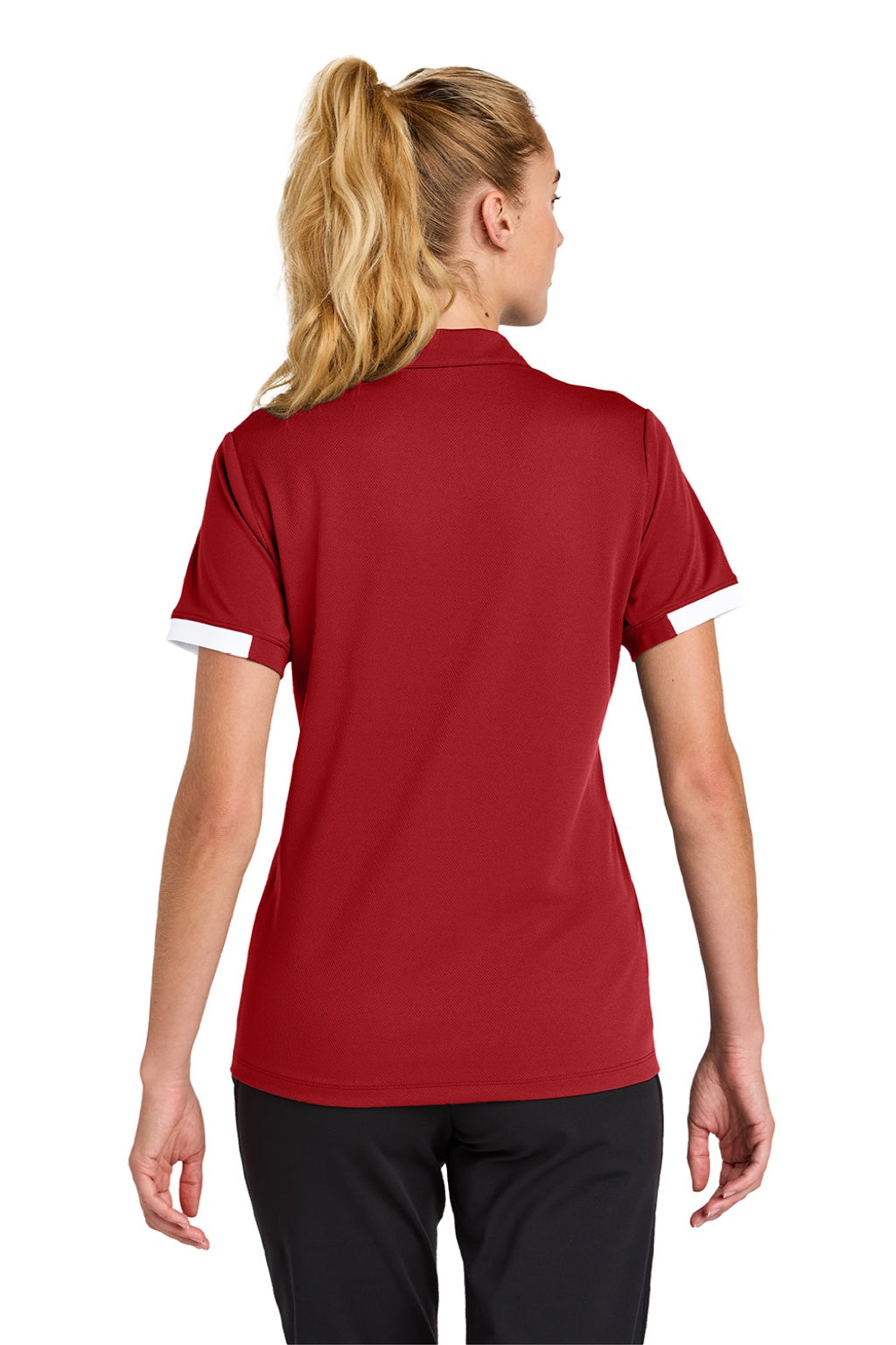 Sport-Tek LST444 Womens Club Colorblock Moisture Wicking Short Sleeve Polo Shirt Deep Red/White Model Back