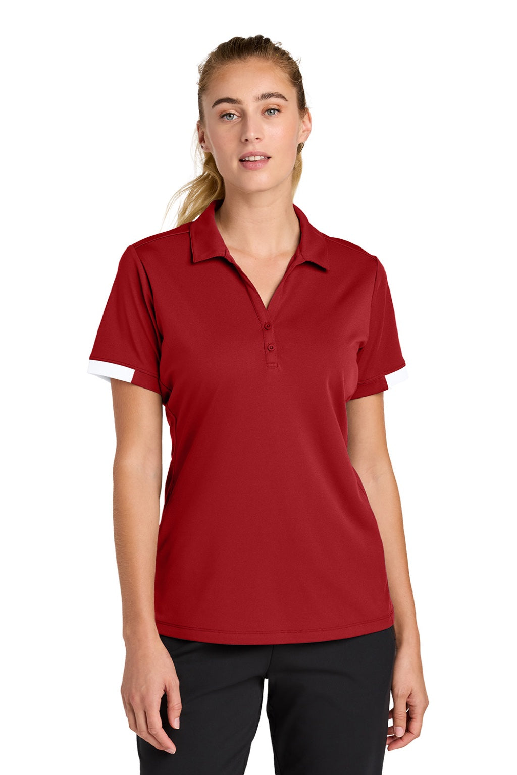 Sport-Tek LST444 Womens Club Colorblock Moisture Wicking Short Sleeve Polo Shirt Deep Red/White Model Front