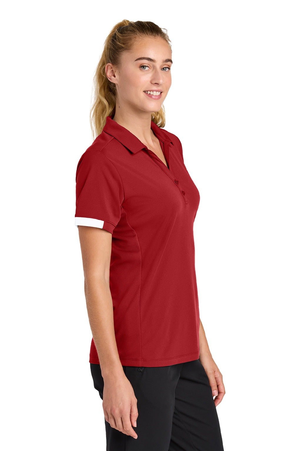 Sport-Tek LST444 Womens Club Colorblock Moisture Wicking Short Sleeve Polo Shirt Deep Red/White Model Side