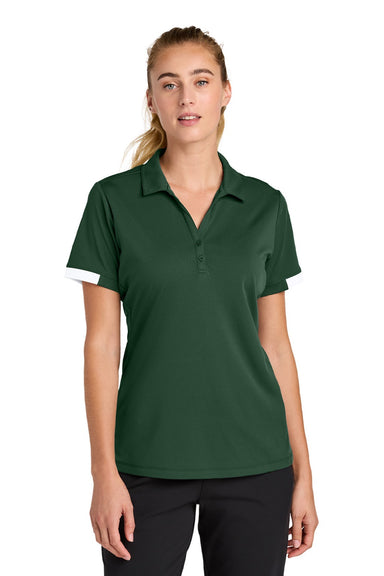 Sport-Tek LST444 Womens Club Colorblock Moisture Wicking Short Sleeve Polo Shirt Forest Green/White Model Front