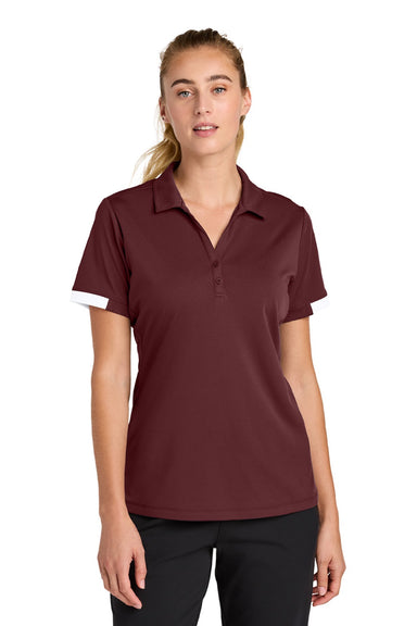 Sport-Tek LST444 Womens Club Colorblock Moisture Wicking Short Sleeve Polo Shirt Maroon/White Model Front